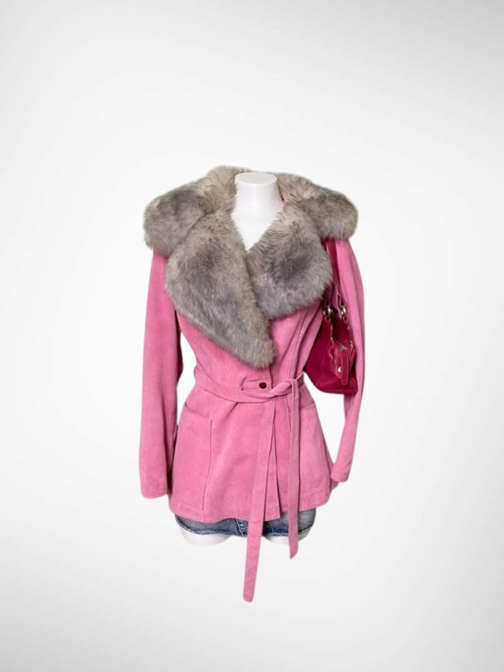 RARE Vintage 60s–70s Gastown Talk LTD Pink Suede Penny Lane Coat w/ Real Fur - Picture 1 of 8